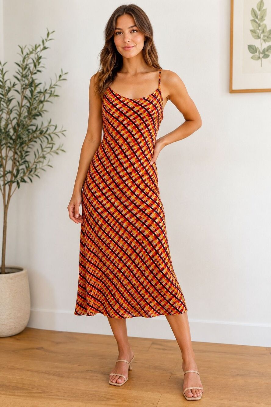 Lhd Laure Heriard Dubreuil The Marlin Midi Silk Slip Dress Retro Plaid New Size